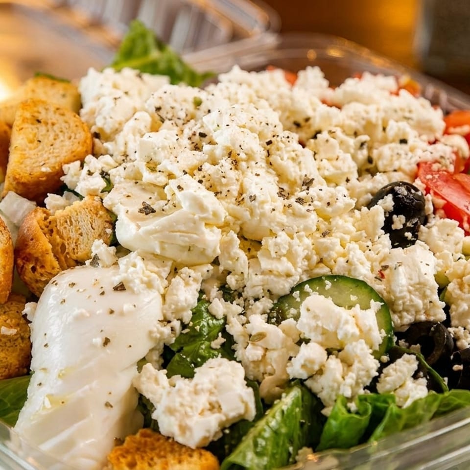 A close-up of a vibrant Greek salad in a clear plastic container, topped with feta cheese.