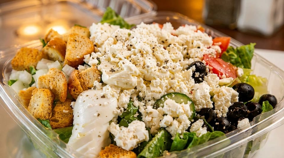 A close-up of a vibrant Greek salad in a clear plastic container, topped with feta cheese.