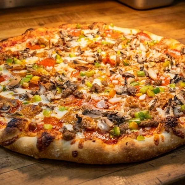 A freshly baked pizza with various toppings including pepperoni, sausage, mushrooms, and bell peppers.