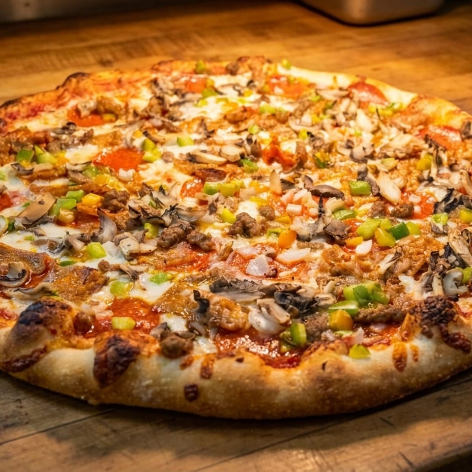 A freshly baked pizza with various toppings including pepperoni, sausage, mushrooms, and bell peppers.