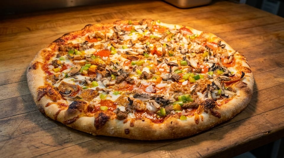 A freshly baked pizza with various toppings including pepperoni, sausage, mushrooms, and bell peppers.