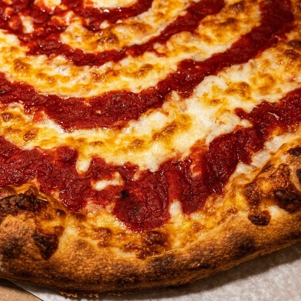 Close-up of a freshly baked pizza with swirled red sauce and melted cheese in a cardboard box.