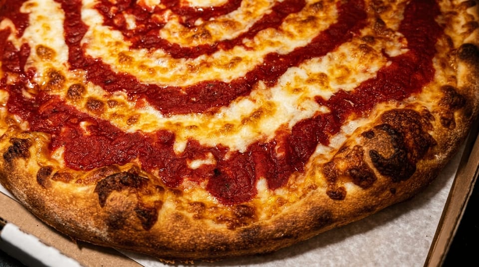 Close-up of a freshly baked pizza with swirled red sauce and melted cheese in a cardboard box.