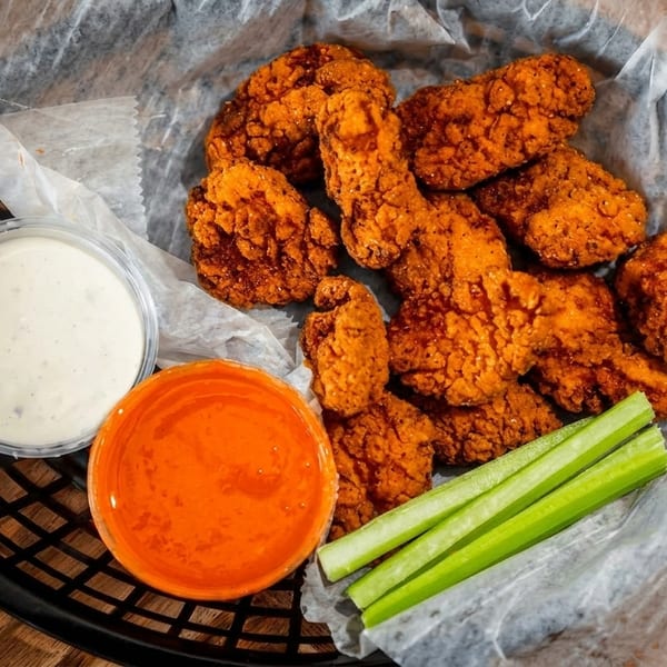 Crispy fried chicken bites with ranch, buffalo sauce, and celery sticks in a black basket.