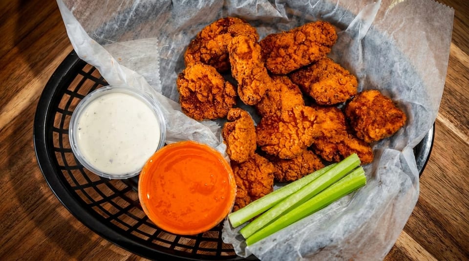Crispy fried chicken bites with ranch, buffalo sauce, and celery sticks in a black basket.