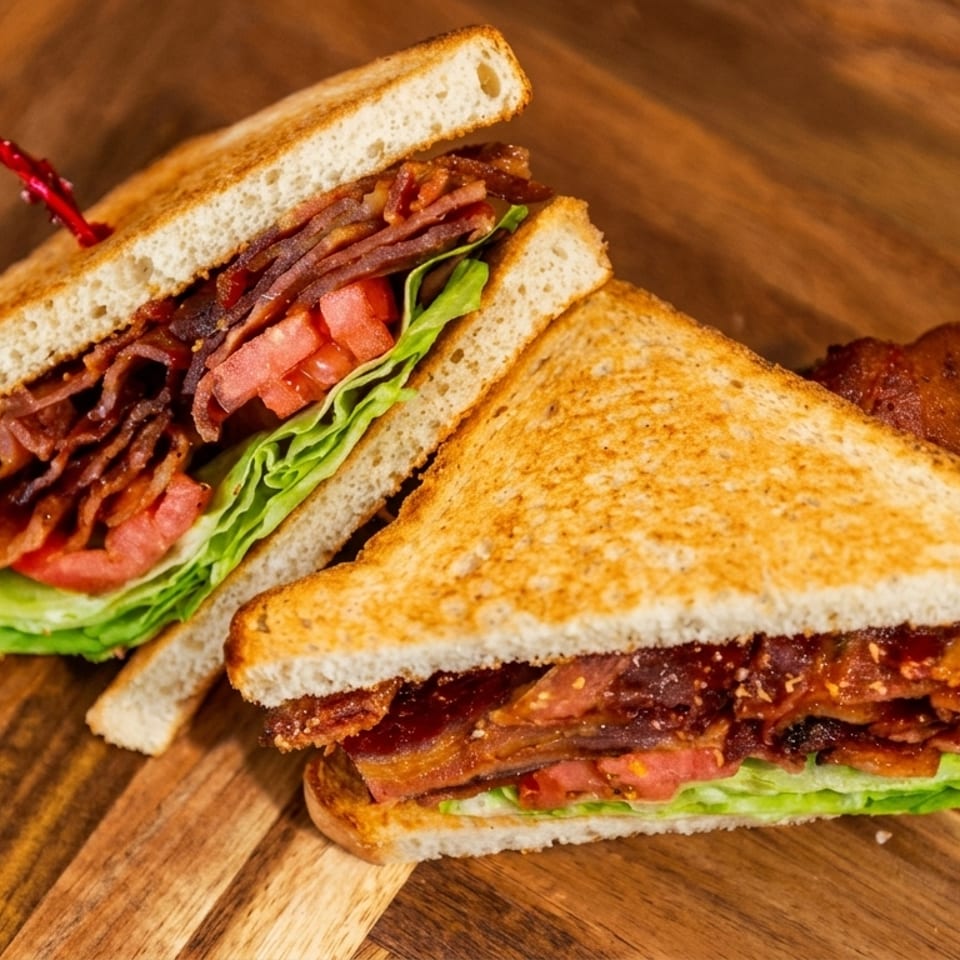Two halves of a toasted BLT sandwich with bacon, lettuce, and tomato on a wooden board.