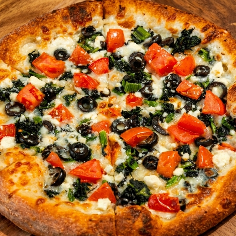 A whole pizza with spinach, black olives, diced tomatoes, and feta cheese on a wooden board.
